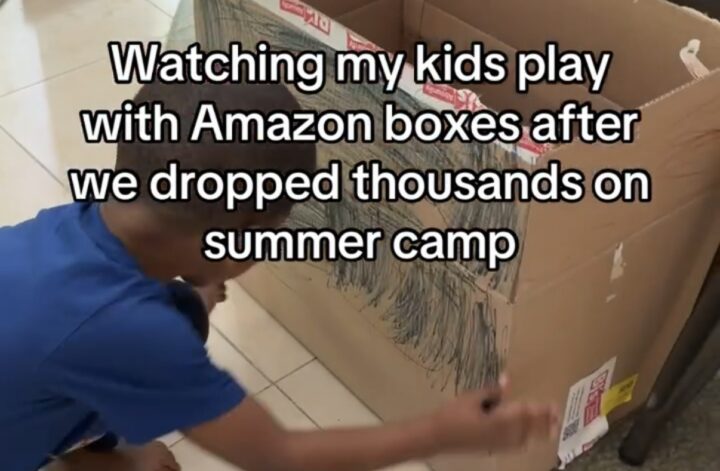 Kids playing with Amazon boxes after summer camp — making the most of cardboard